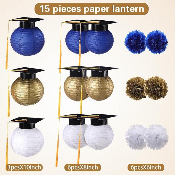 Gilprop 15 Pcs Blue and Gold Graduation Decoration 2026 Paper Lanterns Graduation Party Decorations Hanging Round Paper Lanterns with Black Grad Hat Tassel for Congratulation Grad Decorations