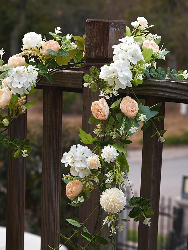 MISSPIN 5.9Ft Eucalyptus Garland with Flowers, Artificial Fake Flower Greenery Spring Garland for Baby Shower Wedding Mantle Table Centerpiece Spring Decor