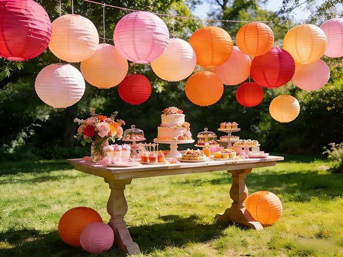 Vivid Color Paper Lanterns Set (12 Pcs) - 6/8/10 Inch Pink Orange Gradient Hanging Lanterns for Handmade, Party, Birthday,Bridal & Weeding,Baby Shower,Home Decor