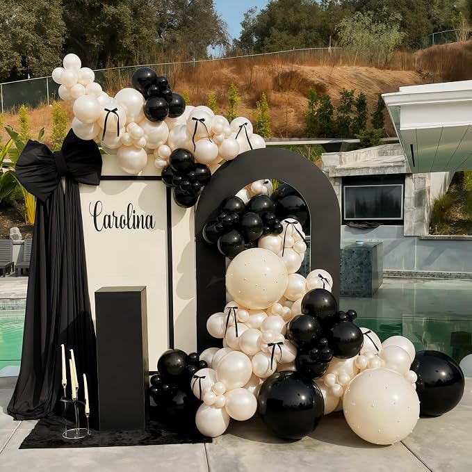 Black White Gold Balloon Garland Kit, 115Pc Beige Sand Black Cream Metallic Gold Balloon Arch Explosion Star Foil Balloons for Girls Women Birthday Bachelorette Graduation Coquette Party Decoration