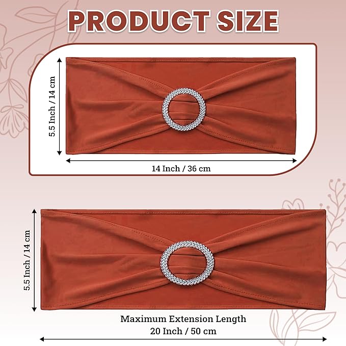 VDS - Terracotta | Spandex Chair Sashes Bows | 200 PCS | Stretch Elastic Banquet Universal Folding Chair Band Tie with Silver Buckle Slider for Wedding Party Conference Celebration Event Decoration