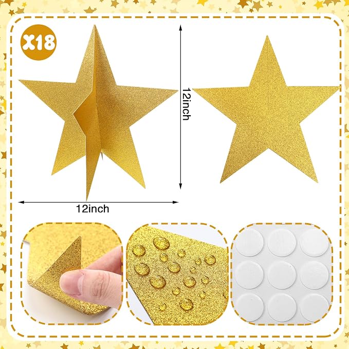 Sinload 18 Pcs Large 3D Glitter Star Decorations Back to School Work Gold Star Centerpiece Standing Hanging Decor for School Centerpiece Starry Movie Night Themed Party Decor