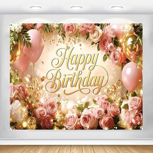 Happy Birthday Backdrop Banner for Women Girls Princess Pink Floral Flower Wall Rose Gold Balloon Party Decorations Photography Background Supplies Decor Fabric Photo Booth Props 8x6ft