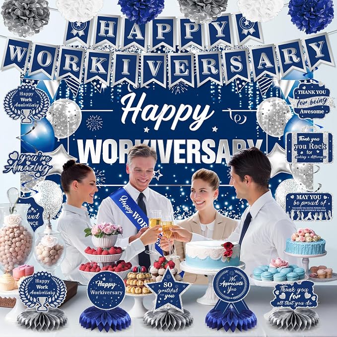 Happy Work Anniversary Decorations Blue Silver Happy Workiversary Banner Honeycomb Centerpieces Hanging Swirls Tissue Paper Pompoms Sash for Office Employee Worker Anniversary Appreciation Supplies
