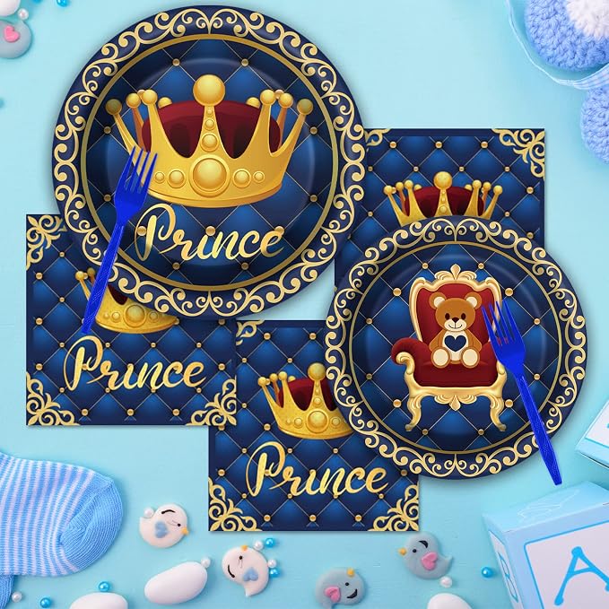 chiazllta 96 Pcs Royal Blue Prince Party Paper Plate and Napkins Supplies Little Blue Prince Theme Baby Shower Dinnerware Decor Blue and Gold Crown Paper Plate Napkin Fork for Party Favors 24 Guests