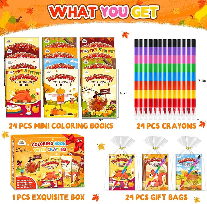 ZMLM 24 Pack Thanksgiving Coloring Books for Kids with Crayons,Party Favors for Kids 4-8, Goodie Bags Stuffers for Toddlers, Classroom Prizes Birthday Return Gifts (Thanksgiving)