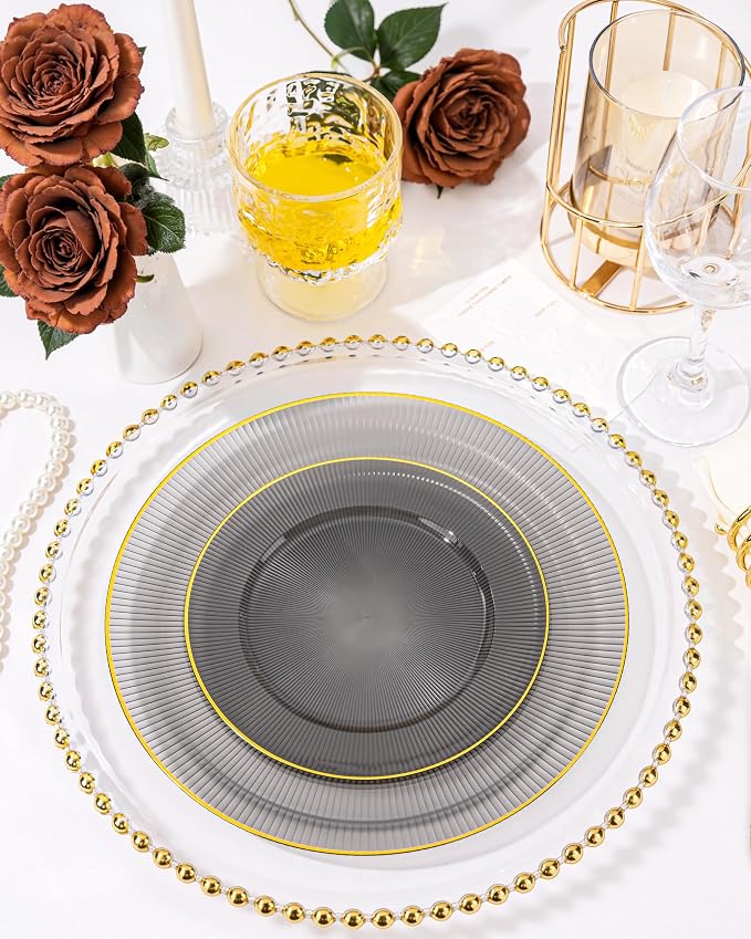 Hioasis 60pcs Black and Gold Plastic Plates - Black Disposable Dinnerware Set, 30pcs Dinner 10in & 30pcs Dessert 7in Plates with Striped Designs for Party & Wedding