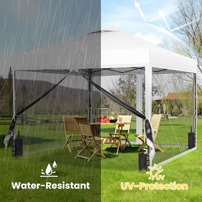GDY 10x10 Pop up Canopy Tent with Mosquito Netting, Easy up Gazebo for Patio, Camping and Garden, Includes 4 Sandbags, White