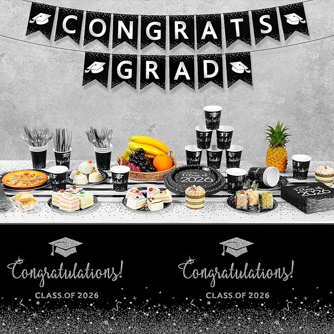 354Pcs Black and Silver Graduation Decorations Set,2026 Graduation Party Supplies Serves 50,Includes Congrats Grad Banner Paper Plates Cups Napkins Tablecloths Tableware for Class of 2026