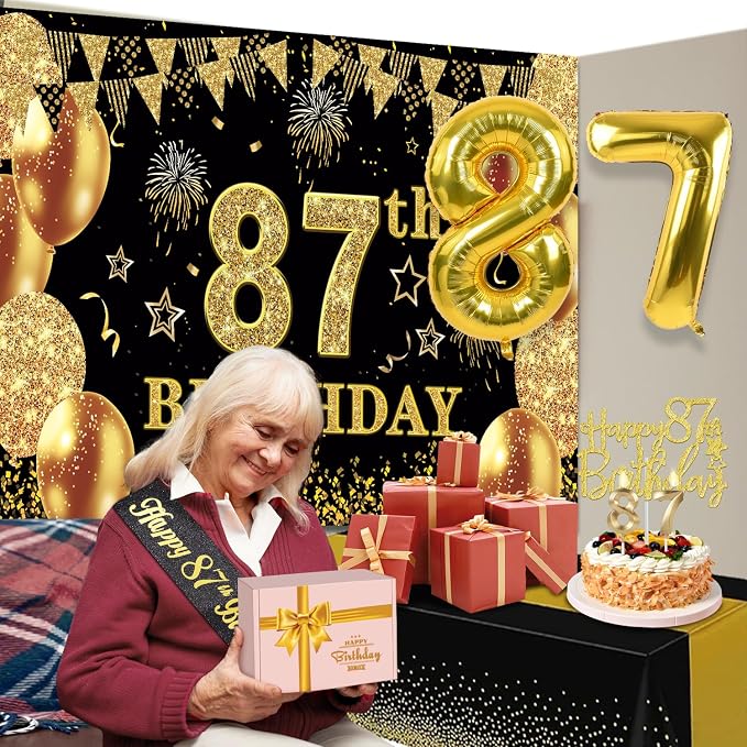 87th Birthday Decorations Men Women with 87th Birthday Banner, Black and Gold Table Cloth, Number Balloons, Sash, Cake Topper and Candles