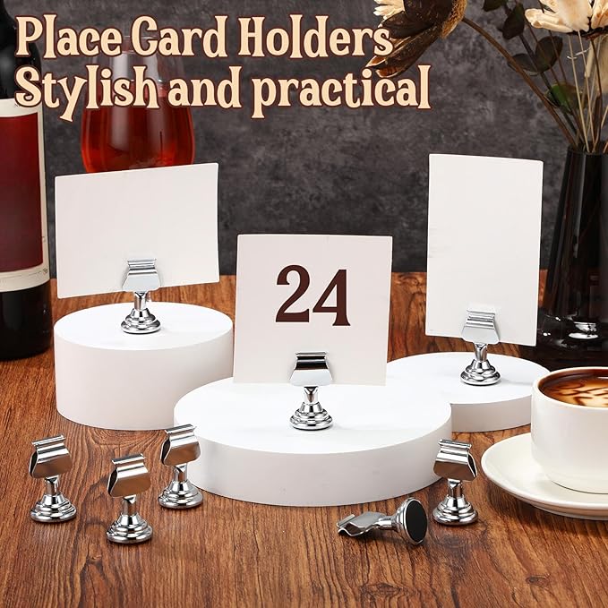 Kathfly 24 Pcs Wedding Table Number Holders 1.7 Inch Metal Silver Mini Place Card Holders Bulk Harp-clip Table Sign Stands Card Holder Display Picture Memo Notes Menu for Restaurants Birthday Decor