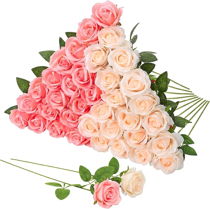 36 Pcs Pink Champagne Rose Artificial Flowers Bulk with Long Stem,Realistic Silk Fake Roses Plastic Roses Bouquet Artificial Flowers for Bridal Wedding Arrangement Table Centerpieces Decor