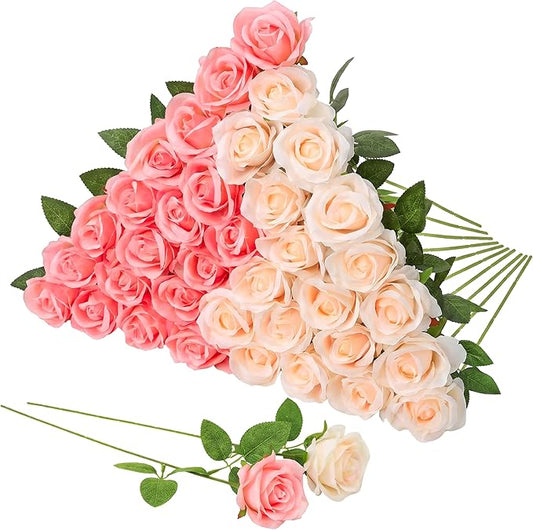 36 Pcs Pink Champagne Rose Artificial Flowers Bulk with Long Stem,Realistic Silk Fake Roses Plastic Roses Bouquet Artificial Flowers for Bridal Wedding Arrangement Table Centerpieces Decor