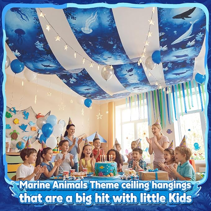 Gilprop 3 Pcs Ocean World Ceiling Decorations, 2 x 12 Ft Underwater Theme Hanging Fabric, Sea Creature Party Supplies for Birthday Baby Shower Classroom Photo Backdrop & Event Decor