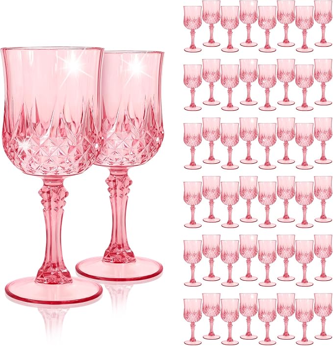 48Pack Pink Plastic Wine Glasses,Vintage Plastic Goblets for Parties, Pink Drinking Glasses Crystal Water Goblets Reusable for Wedding Reception, Grand Event Party Supplies