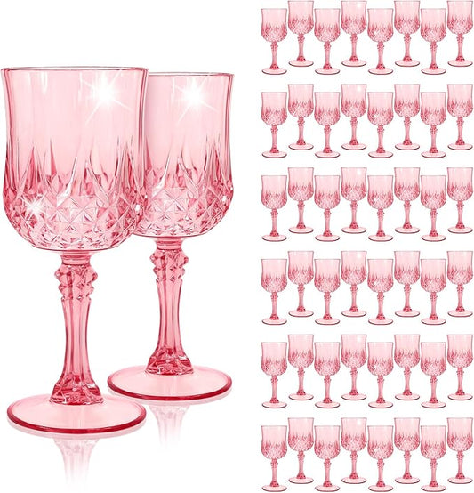 48Pack Pink Plastic Wine Glasses,Vintage Plastic Goblets for Parties, Pink Drinking Glasses Crystal Water Goblets Reusable for Wedding Reception, Grand Event Party Supplies