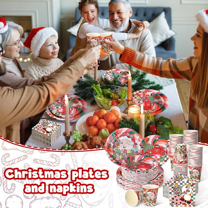 Hsei 250 Pcs Groovy Christmas Plates and Napkins Party decorations Disposable Tableware Sets Baby Shower Birthday Party Supplies Serves 50 Guests Dinnerware Bridal Baby Shower Party Favors