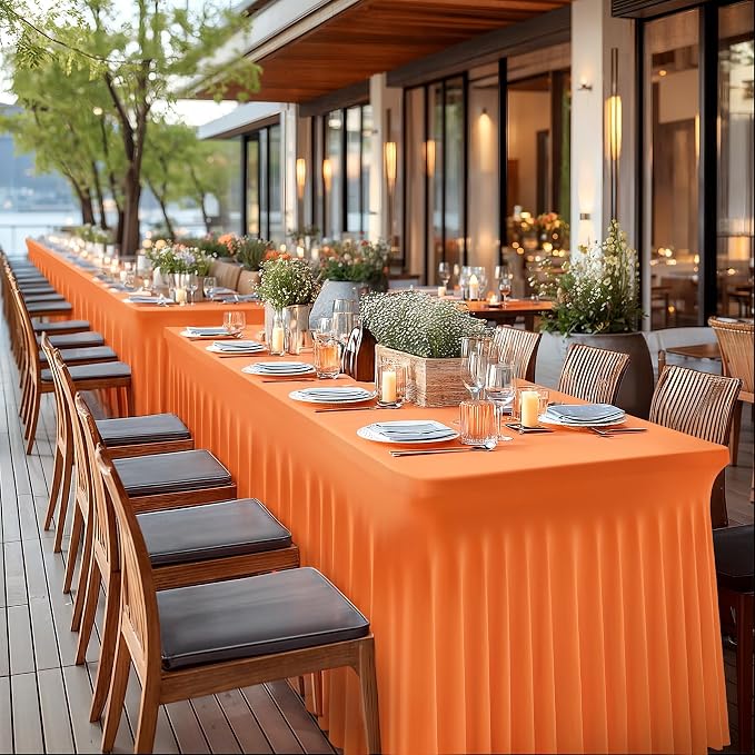Wish Care 2 Pack Orange Spandex Table Clothes for 6 Foot Rectangle Tables, 6FT Wrinkle Free Fitted Tablecloths Ruffles Design Table Cover for Party, Banquet, Wedding and Events