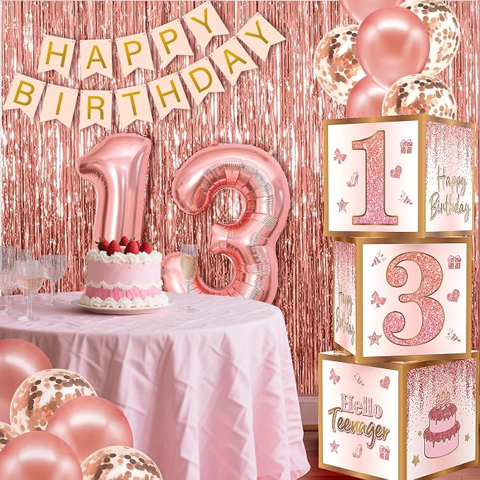 13th Birthday Decorations for Girls,13 Year Old Boxes Decor for Girls Women Happy official 13th teenager Birthday Kits Pink Rose Gold Number 13 Foil Balloons Party Supplies Rose Gold Tassel Curtain