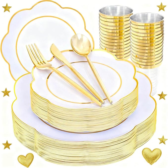 ejonirinjonir EI 180pcs White Plastic Plates with Gold Plastic Silverware,Heavy-Duty Disposable Plates for Party,White Dinnerware Set for 30 Guest Wedding,Afternoon Tea,Spring,Mother's/Valentine's Day
