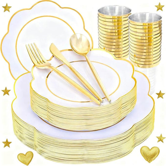 ejonirinjonir EI 180pcs White Plastic Plates with Gold Plastic Silverware,Heavy-Duty Disposable Plates for Party,White Dinnerware Set for 30 Guest Wedding,Afternoon Tea,Spring,Mother's/Valentine's Day