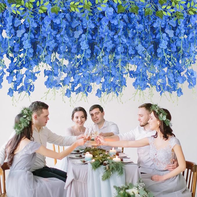 LELEE 25 Pcs Artificial Wisteria Hanging Flowers 3.6ft Royal Blue Fake Hanging Flowers Garland Silk Flowers Rattan String Faux Wisteria Vine for Wall Home Wedding Party Arch Greenery Backdrop Decor