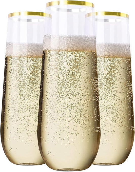 SUT 24 Pieces Stemless Plastic Champagne Flutes, 9oz Gold Rim Plastic Champagne Glasses, Clear Toasting Glasses, Unbreakable, Shatterproof Cocktail Cups for party/wedding