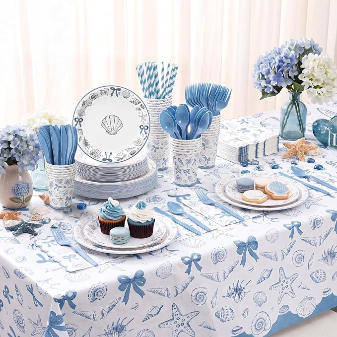 Vesici 452 Pcs Coastal Beach Party Supplies for 50 Guests Blue Bow Seashell 9” 7” Plates Napkins Tablecloth 9oz Cups Disposable Tableware Set for Summer Ocean Theme Birthday Baby Shower Decorations