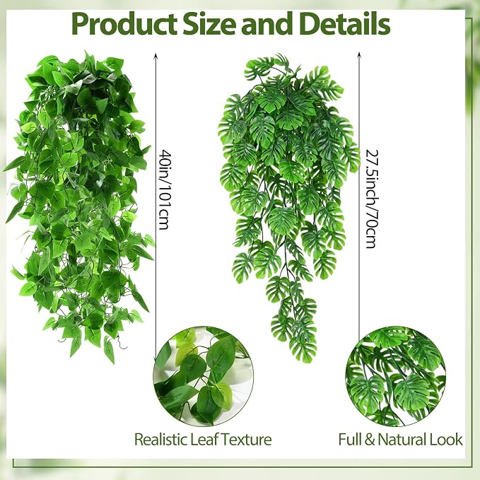 Daifunli 12 Pcs Artificial Hanging Plants Fake Hanging Ferns Plastic Fake Plant for Wall Room Garden Garland Indoor Outdoor Decor No Basket (Monstera Vine,Ivy Vine)