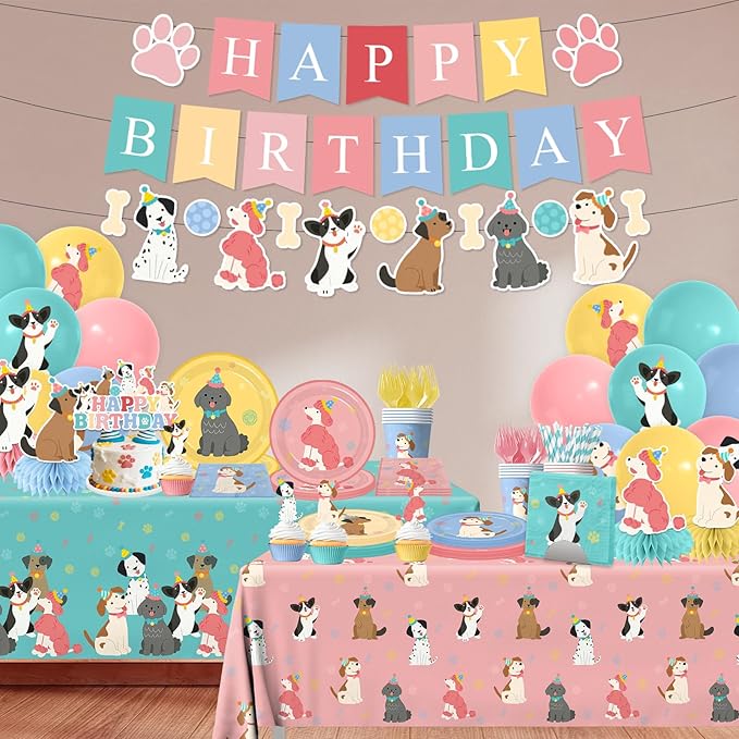Dog Themed Birthday Party Decorations,Puppy Birthday Party Decorations Vintage Dog Plates and Napkins,Cups,Tablecloth,Happy Birthday Banner,Balloon,Cake Topper for Kids Dog Birthday Party Supplies