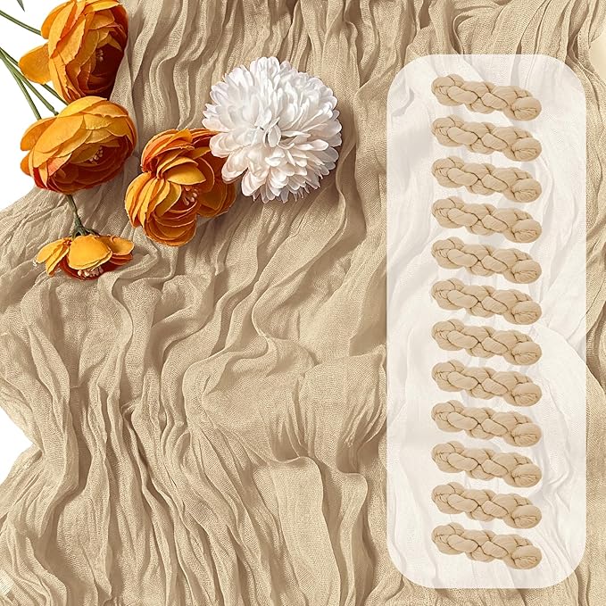 12 Pack Beige Cheesecloth Table Runner 17 x 108 Inch Gauze Table Runner Fabric Semi Sheer Cheese Cloth Table Decoration Bulk for Rustic Romantic Wedding Baby Shower Table Decoration