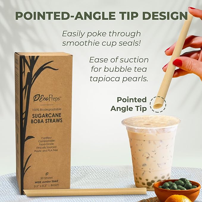 EcoPreps Biodegradable Jumbo Smoothie Straws, Sugarcane Boba Straws - 50 PCS, Extra Wide, 100% Compostable, Plastic-Free, Eco-Friendly Large Wide-Mouthed Straw - 8.25" Long Sugarcane Disposable Straw