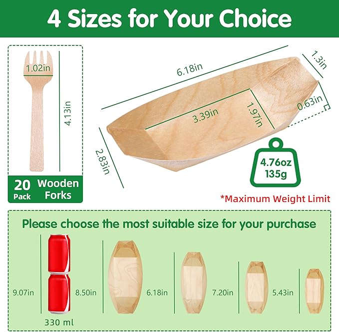 200-Pack Wooden Disposable Plates 6 IN Boat Plates Food Trays Disposable Dessert Plates Disposable Food Boats for Party Weddings Picnic (Actual Size Used: 3.39" D x 1.97" W x 0.63" H)