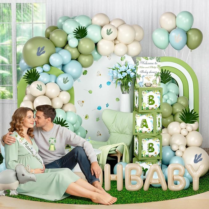 Hombae Dinosaur Baby Shower Decorations, Hatching Soon Baby Shower Supplies with Backdrop, Balloon Garland, Boxes, Mama Saurus Sash for Boys Dino Theme Party