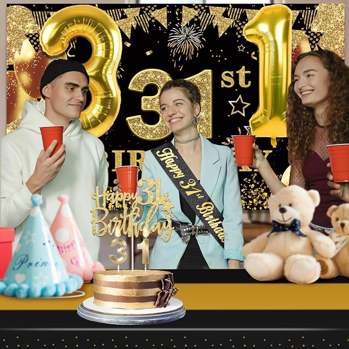 31st Birthday Decorations Men Women with 31st Birthday Banner, Black and Gold Table Cloth, Number Balloons, Large Sash, Cake Topper and Candles