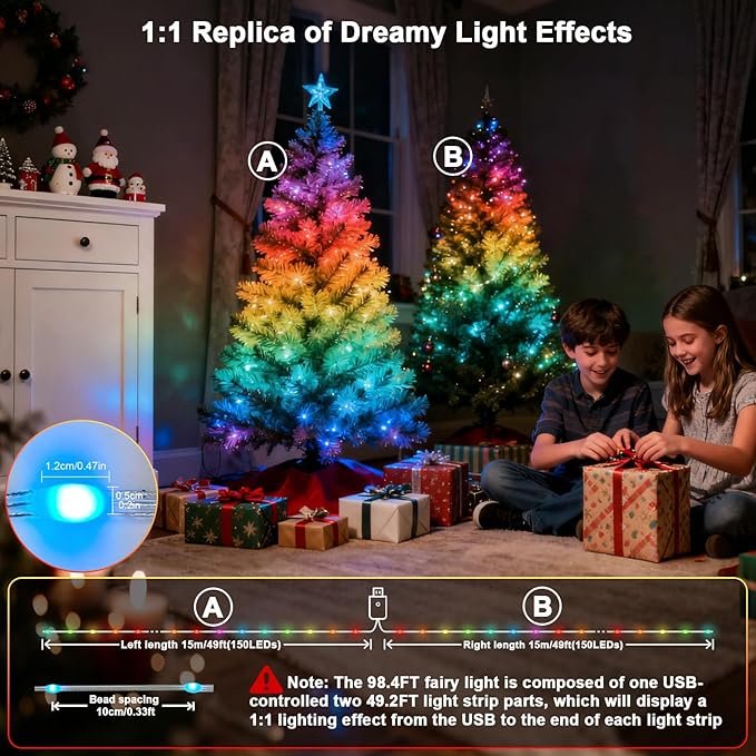 Super RGB Smart Fairy Lights 98.4Ft 300LEDs, Color Changing led String Lights with Remote & APP Control, DIY RGB-IC Dynamic Multicolor Twinkle Lights for Indoor Room Bedroom Birthday Party Decor