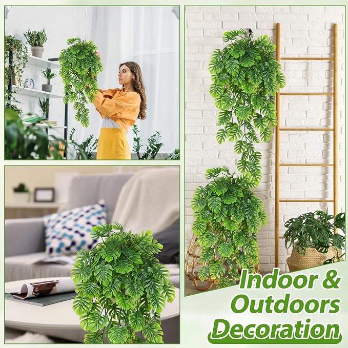 Daifunli 8 Pcs Artificial Hanging Plants Fake Hanging Ferns Plastic Fake Plant for Wall Room Garden Garland Indoor Outdoor Decor No Basket (Monstera Vines)