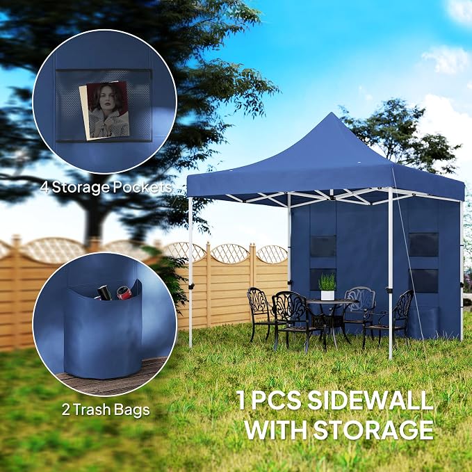 Outsunny 10' x 10' Heavy Duty Pop Up Canopy Tent with Sidewall and Trash Bags, UPF50+ Instant Sun Shelter, Height Adjustable, with Wheeled Bag, Sand Bags for Outdoor, Patio, Dark Blue