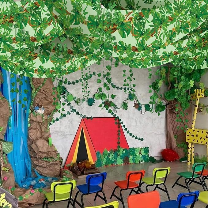 13 Pcs Rainforest Theme Ceiling Decor for 2026 Vbs 12x2 ft Palm Printed Fluorescent Light Cover 10 Artificial Vine Greenery Leaves for Classroom Hawaiian Jungle Luau Wedding Birthday Party Decorations