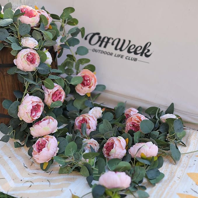 MISSPIN 2pcs Artificial Flowers Garland Spring Eucalyptus Garland Vintage Fake Flower Peony Rose Vine Greenery Decorative Wall Hanging Plant for Wedding Arch Door Arrangement Party Decor