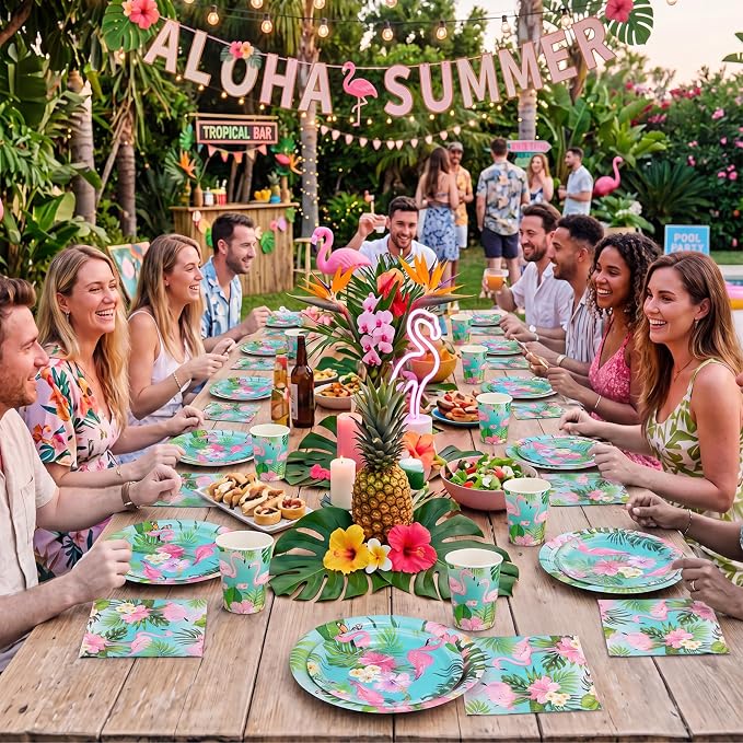 Pickmesh 250 Pcs Summer Flamingo Disposable Tableware Set Hawaiian Luau Party Supplies Tropical Paper Plates Napkins and Cups for Summer Beach Aloha Baby Shower Birthday Pool Party, Serve 50 Guest