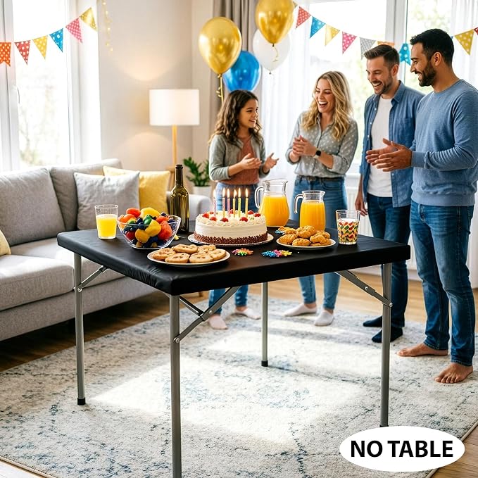 LUSHVIDA Waterproof Plastic Picnic Table Cover for Small Square Vinyl Card Tablecloth with Flannel Backing 24x24 inch - Folding Table Cloth with Elastic Corners, Black