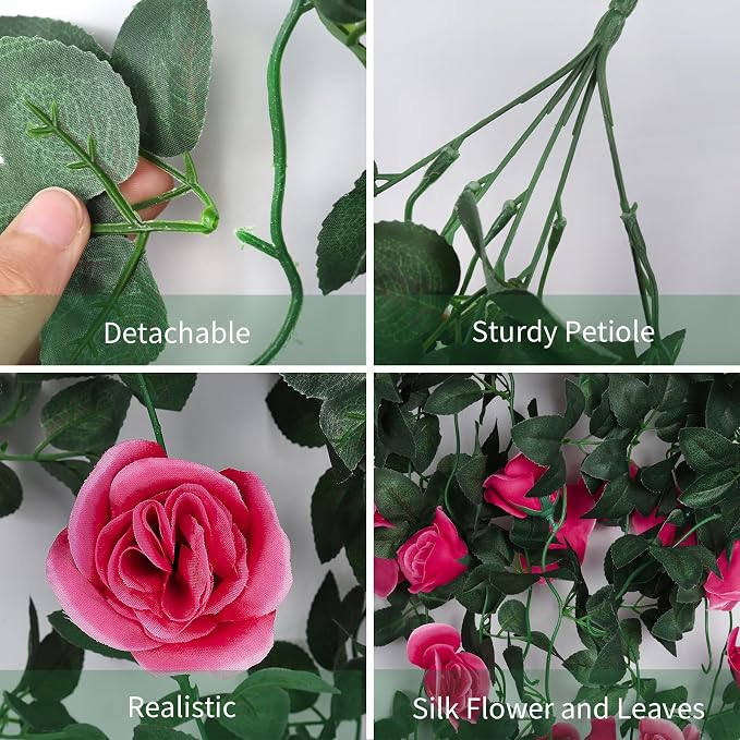 RECUTMS Artificial Rose Red Hanging Flower Plants, 4PCS 37 Inches Fake Floral Ivy Garland with 30 LED Fairy String Lights for Home Room Garden Wedding Labor Day Birthday Party Indoor Outdoor Decor