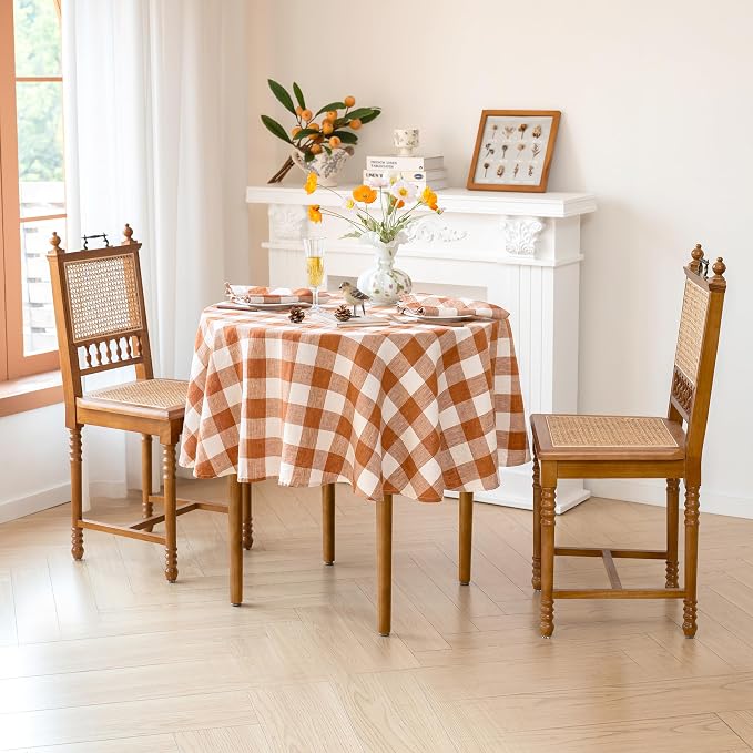 Linen World Gingham Tablecloth, Round, 90", Rust Checkered | Buffalo Plaid, 100% French Flax, For Dining Table, Weddings, Thanksgiving & Christmas
