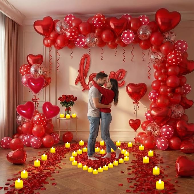 Valentine’s Day Decorations Set – Red Heart Balloon Kit with LOVE Foil, LED Candle Lights & Rose Petals, Romantic Room Decor for Proposal, Bedroom or Hotel