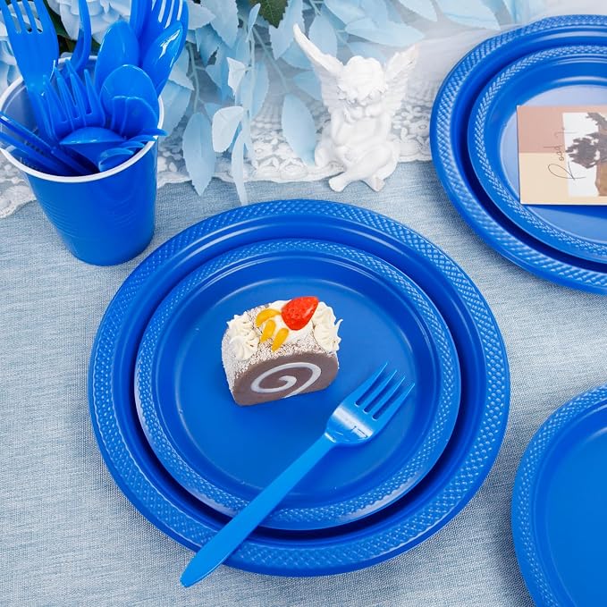 MirthMood 350 Pieces Blue Party Supplies, Disposable Dinnerware Set, Including Blue Plastic Plates and Napkins, Plastic Cutlery and 12OZ Cups,Serve 50 Guests for Party & Birthday