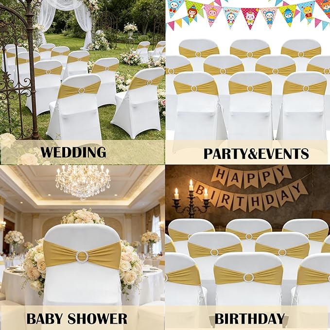 Spandex Chair Sashes Bands 50PCS Stretch Chair Ties Bows with Buckle Slider for Wedding Party Banquet Decoration (Gold)…