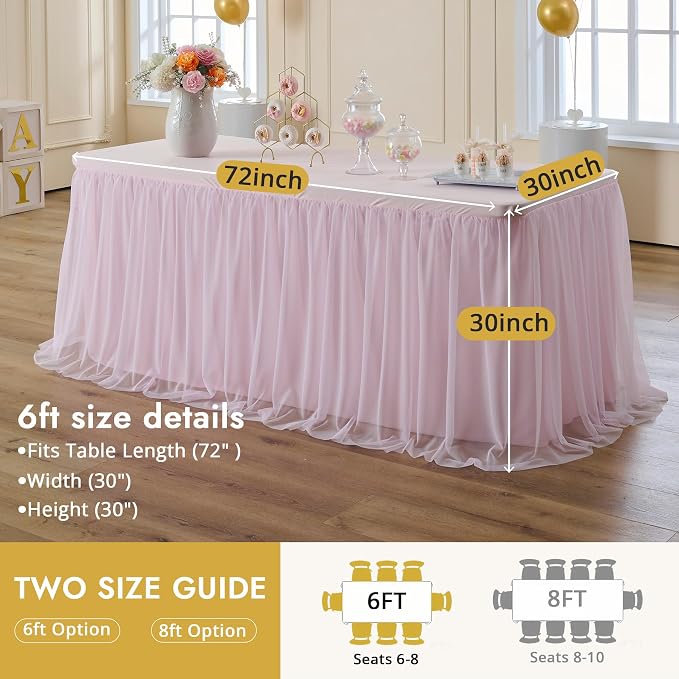 6-Pack Pink Tulle Tablecloth for 6 Ft Rectangle Tables – Elastic Spandex Table Cover with Tutu Skirt, Wrinkle Free for Wedding, Birthday Party, Banquet Buffet, Craft fairs