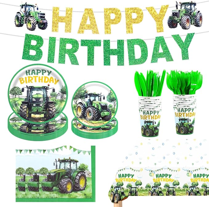 182pcs Tractor Birthday Decorations,Green Farm Party Tableware Set Includes Plates and Napkins,Cups,forks,knives,banner,Tablecloth,for Tractor Birthday Party Supplies,Serve 30