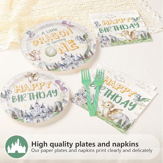 96Pcs Dragon 1st Birthday Party Decorations A Little Dragon is Turning One Plates and Napkins Cartoon Dinosaur Baby Shower Theme Tableware Sets for Kids 1st Birthday Party Supplies Serves 24